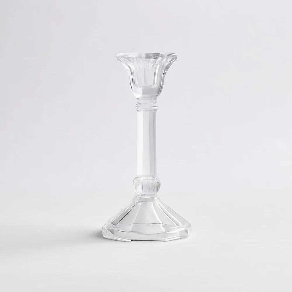 Elegant Vintage Clear Glass Candle Holder – Taper Design with Faceted Base